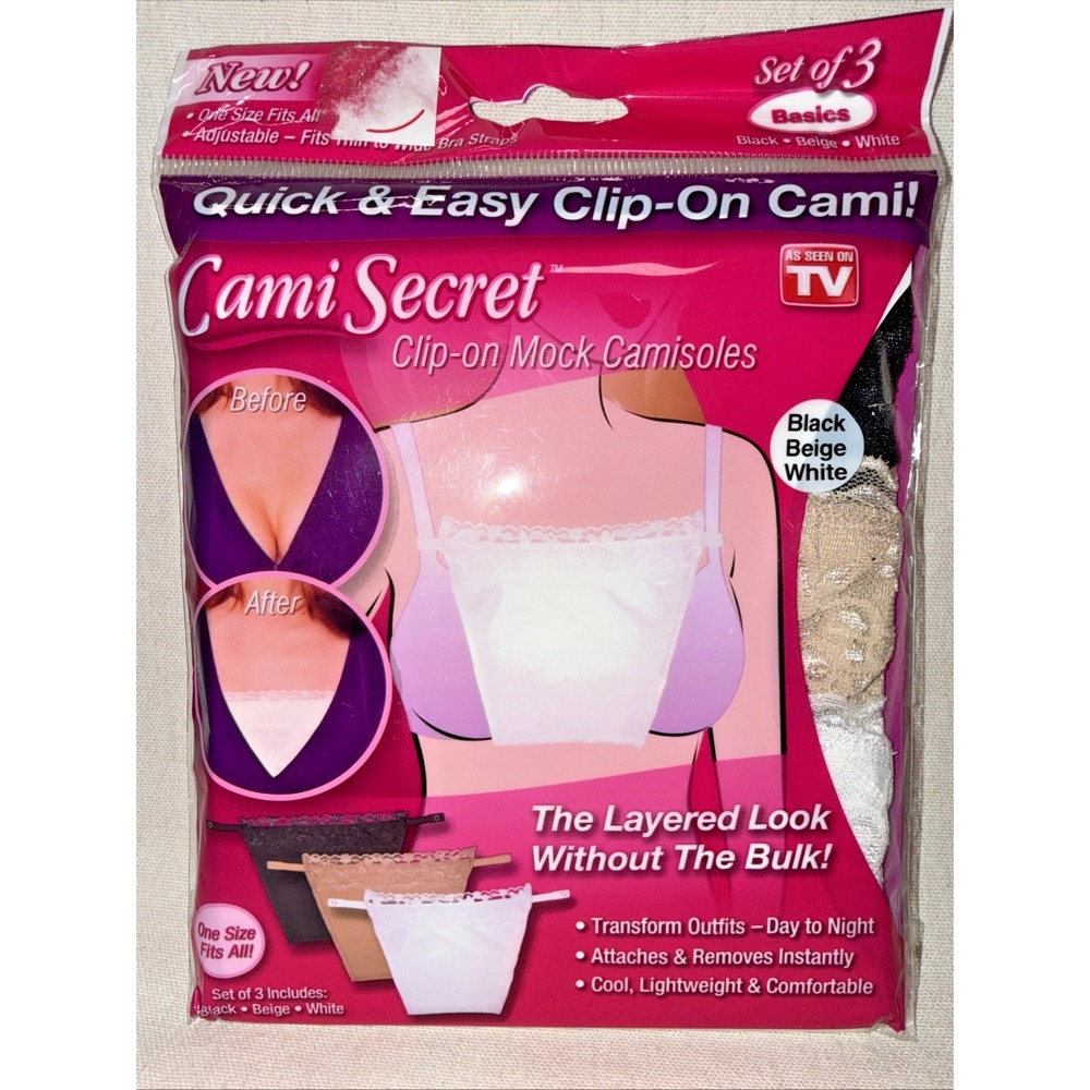 NIP Cami Secret Clip On Camisoles Set 3 Black Beige White One Size